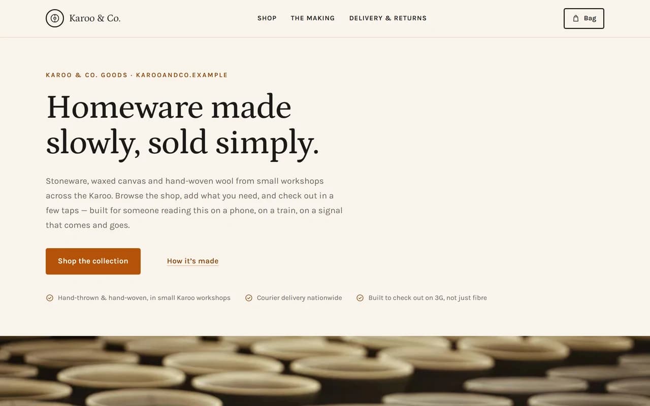 The Karoo & Co. Goods sample build, as it appears on a laptop.
