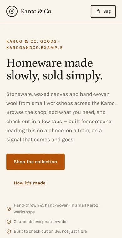 The Karoo & Co. Goods sample build, as it appears on a phone.