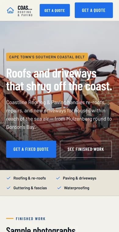 The Coastline Roofing & Paving sample build, as it appears on a phone.