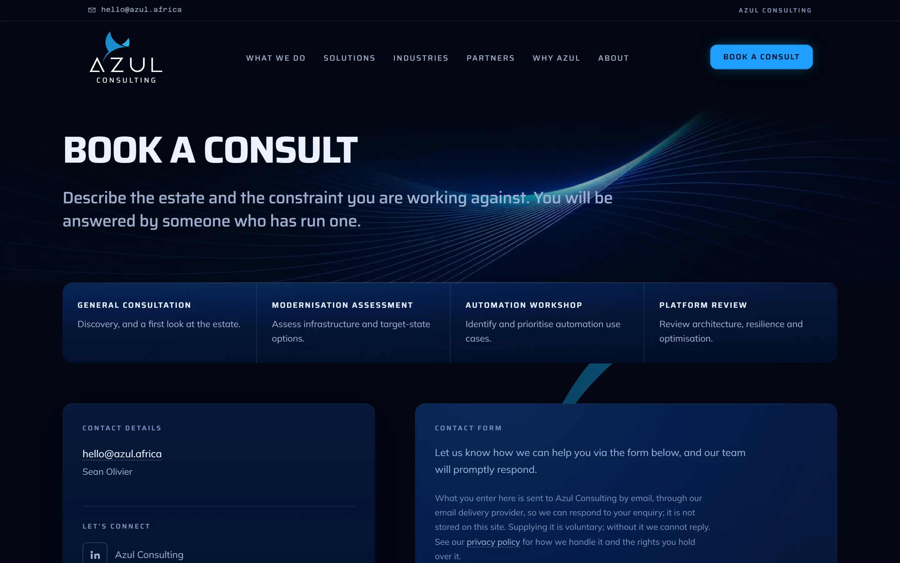 The Book a Consult page: four kinds of consultation across a row, contact details, and the start of the contact form.