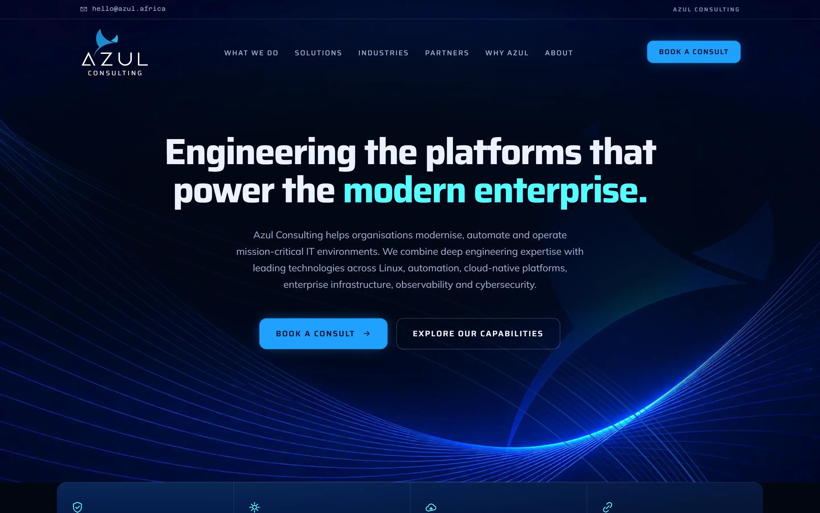The Azul Consulting home page on a laptop: a dark blue hero reading “Engineering the platforms that power the modern enterprise”, with a short summary and two buttons beneath it.