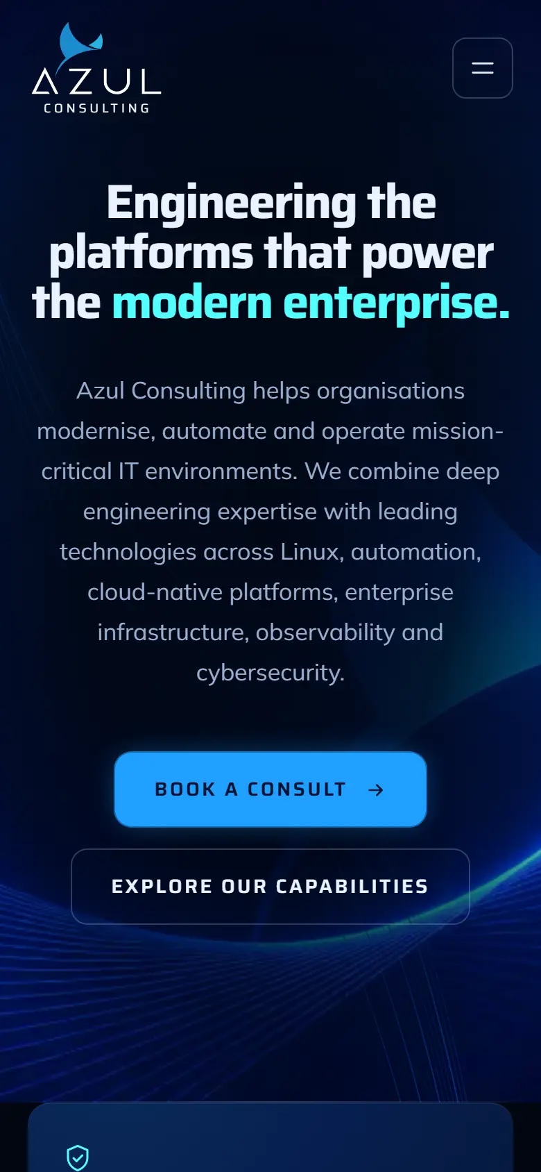 The Azul Consulting home page on a phone, with the hero heading, the summary and both buttons stacked and readable.