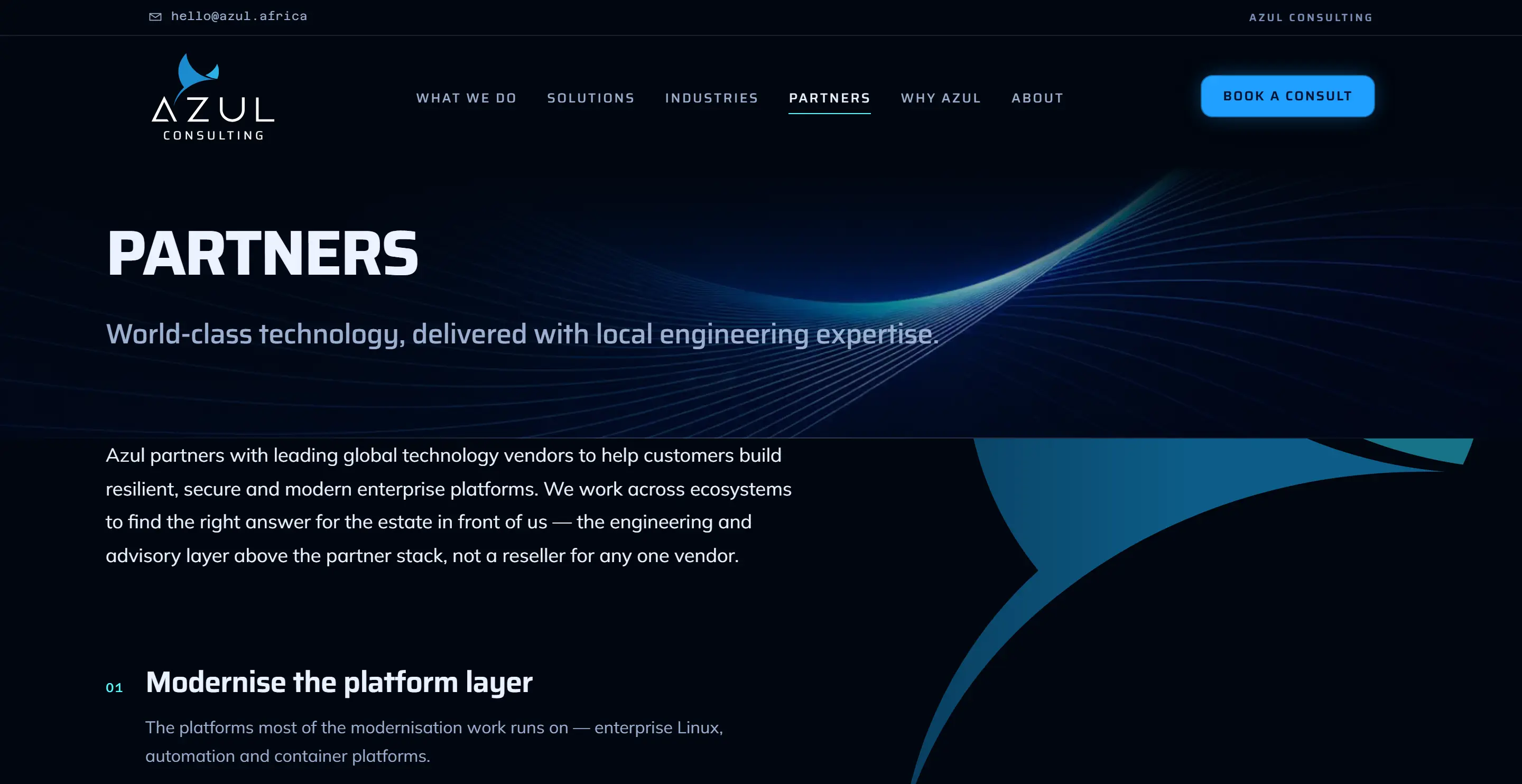 The Partners page: a heading, a standfirst about local engineering expertise, and a paragraph on how Azul works across technology ecosystems.