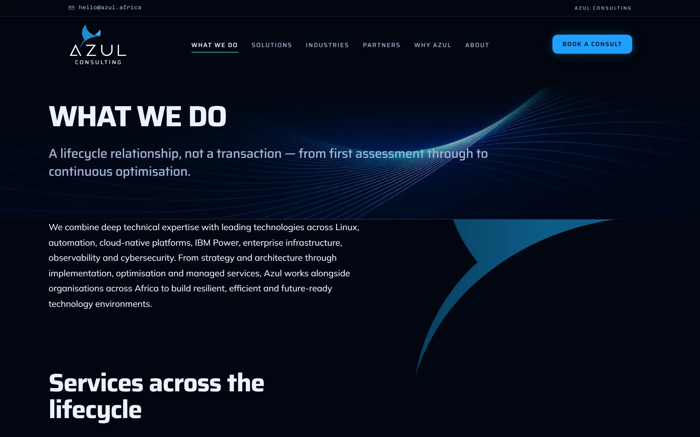 The What We Do page: a large heading, a paragraph setting out Azul's technical scope, and the start of a services-across-the-lifecycle section.