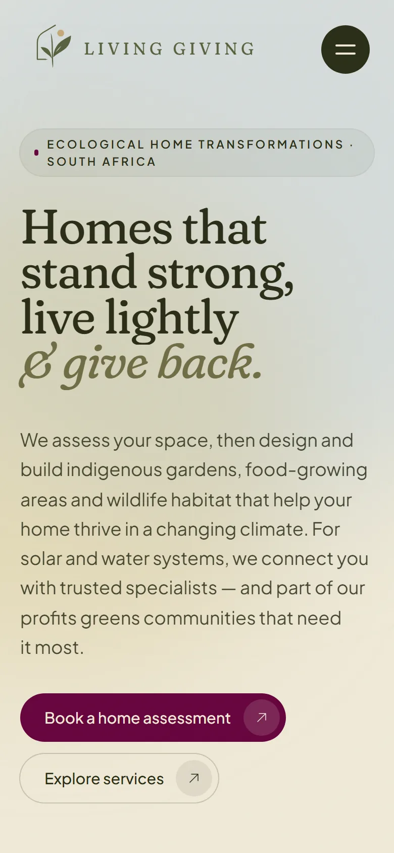 The Living Giving home page on a phone: the headline, the summary and the Book a home assessment button, stacked.