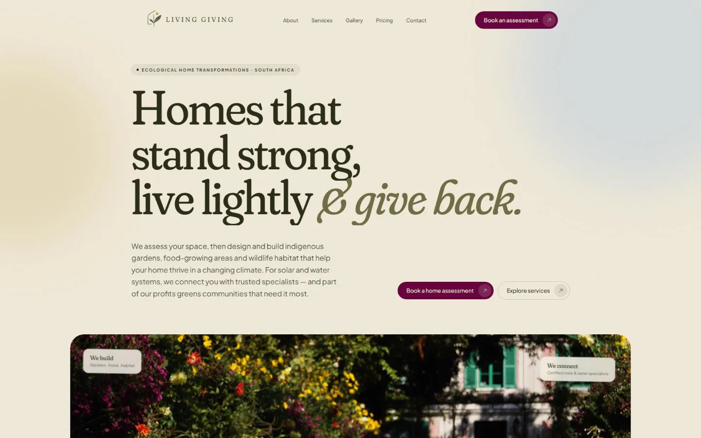 The Living Giving home page on a laptop: a cream page with the large serif headline “Homes that stand strong, live lightly & give back”, a short summary and a Book a home assessment button.