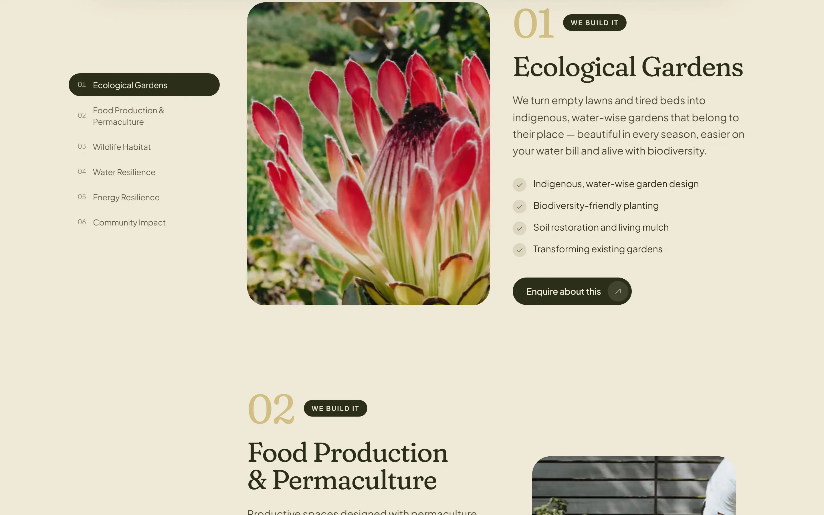The Services page: a sticky index of six services on the left, and the first service, Ecological Gardens, with a photograph and what it includes.
