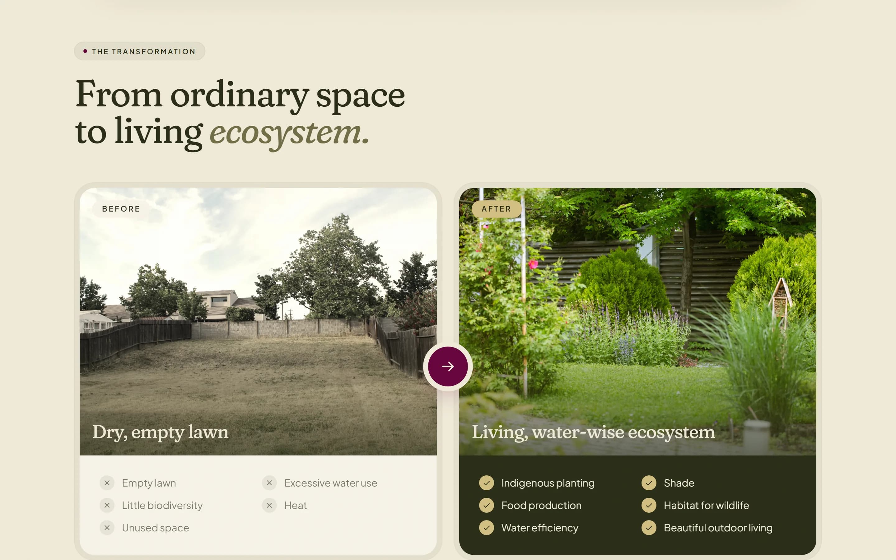 The transformation section: a heading “From ordinary space to living ecosystem” over two cards, a dry empty lawn marked Before and a planted garden marked After, each with what changed listed underneath.