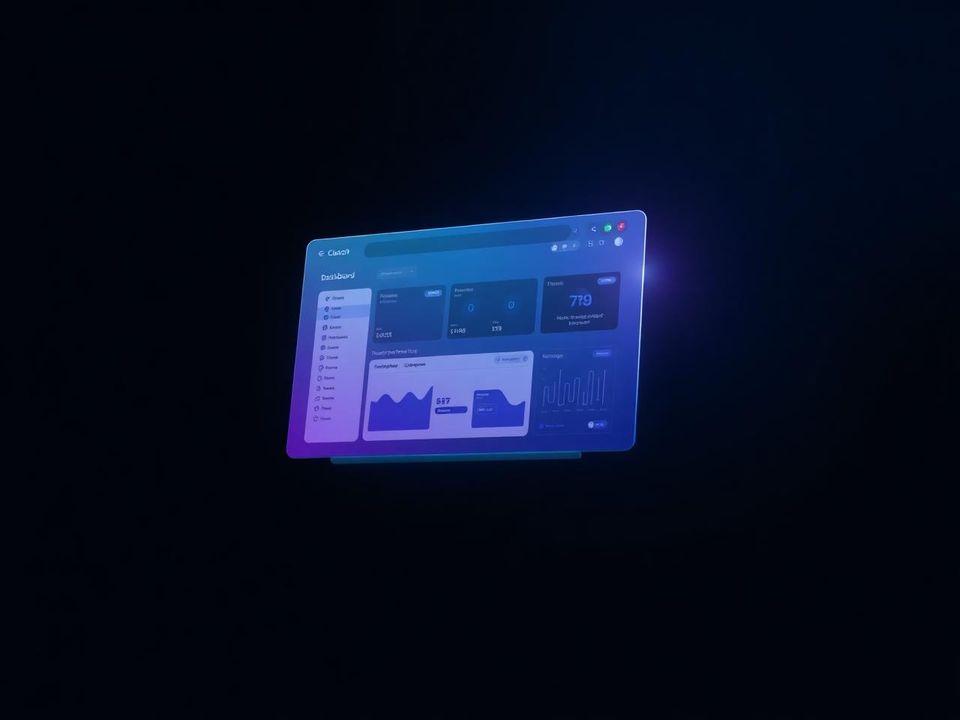 WebOn website design shown as a dashboard interface with teal and purple gradient lighting